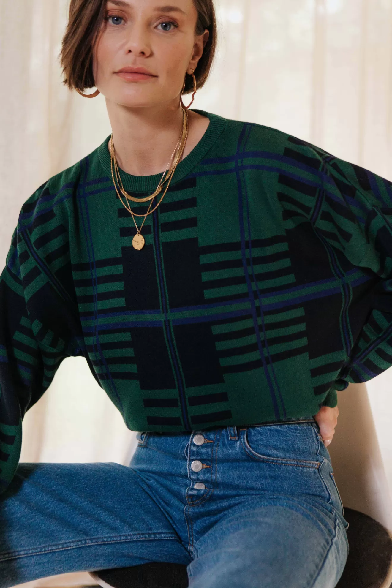 Pull Jane carreaux bleu et vert>Orta Clearance